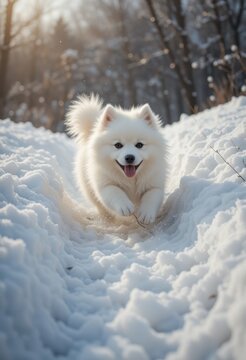 Un cachorro samoyedo peludo rodando por una peque&ntilde;a colina nevada, dejando un rastro juguet&oacute;n detr&aacute;s