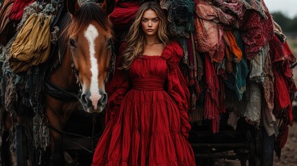 Fototapeta premium A striking portrait of a woman in a vivid red dress standing proudly beside a horse, surrounded by rich textiles, showcasing a blend of nature and fashion in an outdoor setting.