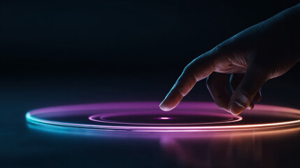 Hand interacting with glowing circular data UI