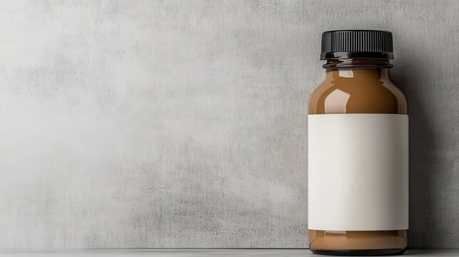 A minimalist brown bottle with a blank label set against a textured gray background, emphasizing simplicity and adaptability in product design and packaging aesthetics.