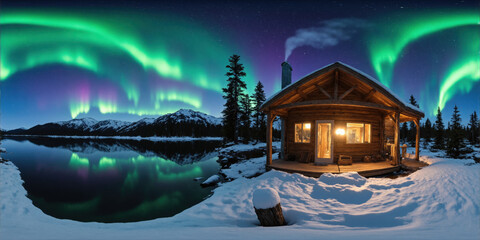 Snowy mountain cabin with northern lights A cozy wooden cabin nestled in a snowy mountain landscape, illuminated by the vibrant green and purple