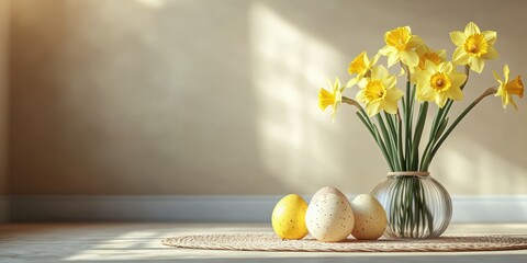 Bright daffodils and decorative eggs create a cheerful spring atmosphere in a cozy interior setting