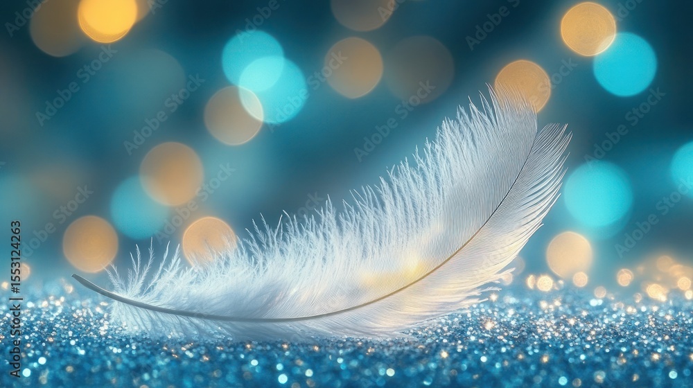 Poster delicate white feather resting on sparkling surface with soft glowing blue and gold bokeh lights in 