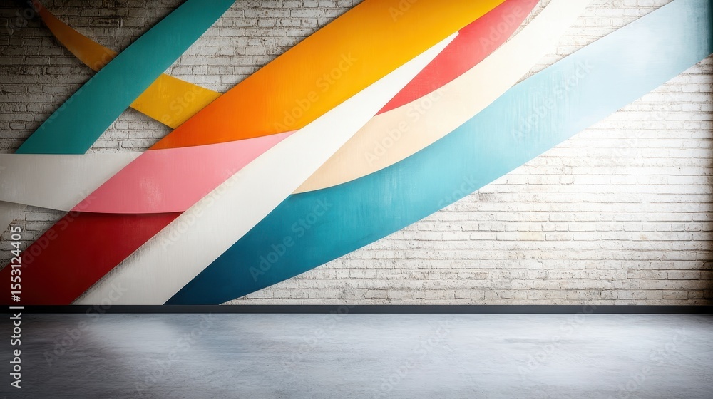 Poster an artistic display of vibrant abstract shapes and colors on a textured wall, inviting viewers to ex