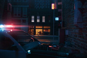 abandoned police car with flashing lights in a secluded courtxard. 3D Rendering