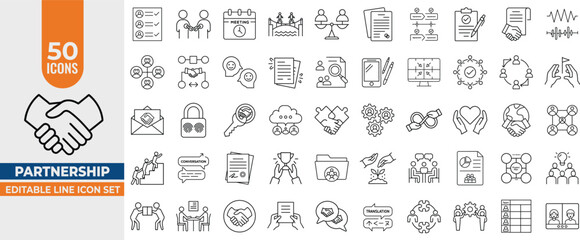 Partnership Line Icon Set – Editable Line Vector Icons for Business Collaboration, Teamwork, Agreements, and More. Editable Stroke. Vector illustration