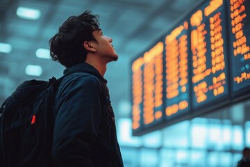 young man with backpack looking at bright flight information board in modern airport terminal, anticipation and focus in travel setting