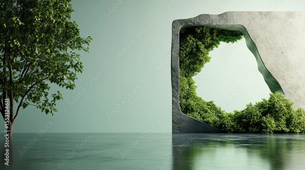 Poster an artistic depiction of a tree alongside a surreal concrete frame, symbolizing the harmony of natur