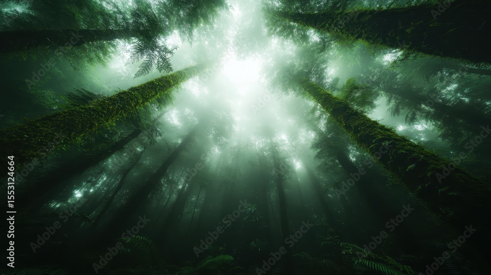 Poster an enchanting fog-covered forest scene with towering trees reaching for the sky, creating a mystical