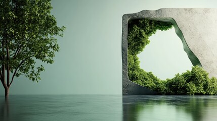 An artistic depiction of a tree alongside a surreal concrete frame, symbolizing the harmony of nature and modern design in a striking blend of elements and colors.