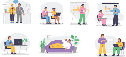 Collaborative Workflows: Team Meetings, Presentations, and Productivity Scenes in Flat Design Illustration