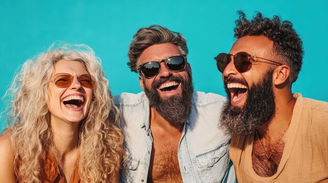 A vibrant group of three friends laughing gleefully, showcasing a sense of joy and warmth, with a striking blue background that enhances the happiness of the moment.