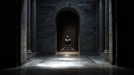 Obraz premium Monumental hall with a statue in muted light.
