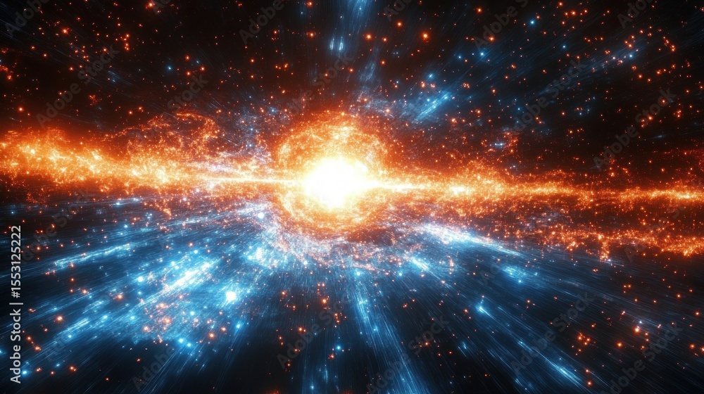 Poster bright cosmic explosion with radiant fiery orange core and surrounding blue light streaks and glowin