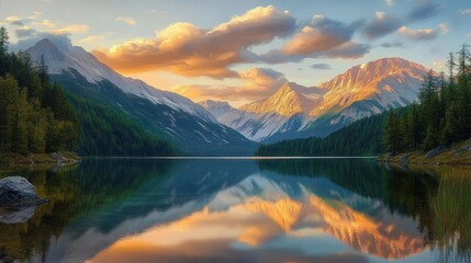 Serene mountain lake at sunset with golden light reflecting on calm water surrounded by dense forests and rugged peaks under partly cloudy sky