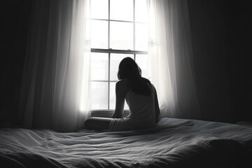 Silhouette of a woman sitting on a bed looking out of a window with white curtains in a dimly lit room, evoking a contemplative and somber mood