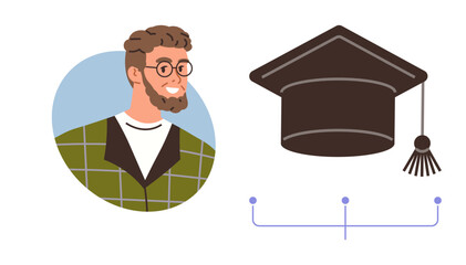 Smiling man in glasses with plaid shirt next to graduation cap connected by diagram lines. Ideal for education, achievements, career growth, success, learning process, mentorship, simple flat