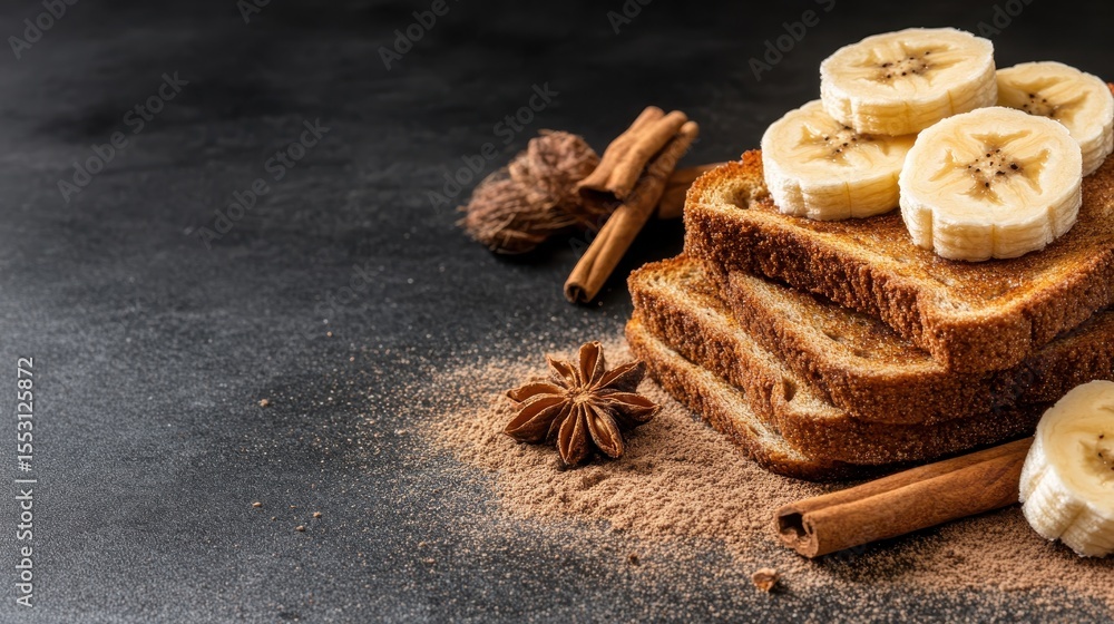 Poster an appetizing display of toasted bread topped with fresh banana slices and sprinkled with aromatic s