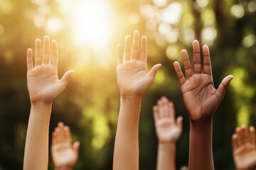 Students raising hands in classroom during lesson under sunlight