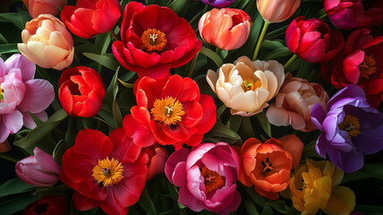 Stock photography of a high-resolution wallpaper design with peonies and tulips bursting in color, placed over a classic dark floral background