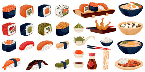 Japanese food set. Sushi rolls, ramen, tempura shrimps, miso soup, udon, rice vector illustration. Menu design elements