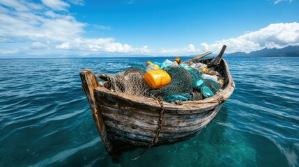 A striking image of an abandoned boat overflowing with plastic waste highlights the pressing issue of environmental pollution and the need for sustainability and awareness in our oceans.