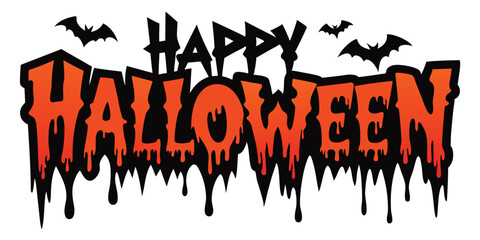 Dripping 'Happy Halloween' text is showcased with flying bats, set against transparent backdrop