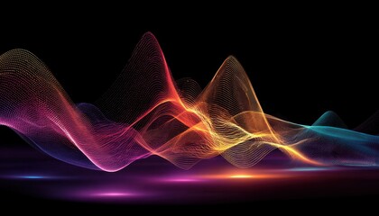 Abstract colorful wave patterns representing sound waves and energy flow in a dark background