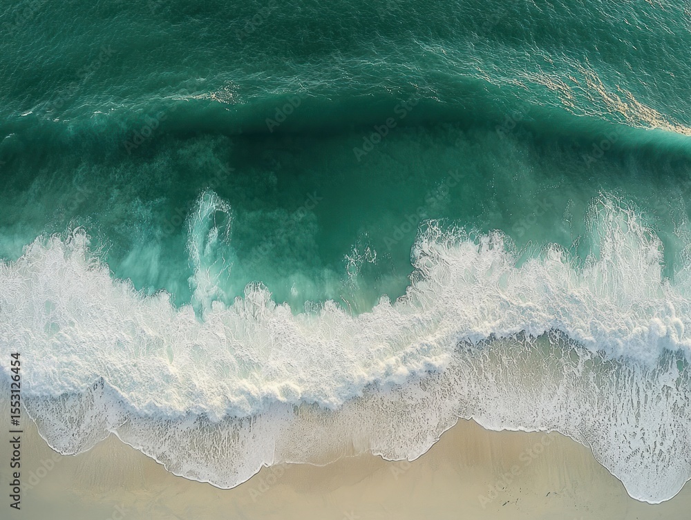 Poster aerial view of turquoise ocean waves gently crashing onto a sandy beach with white foam creating nat