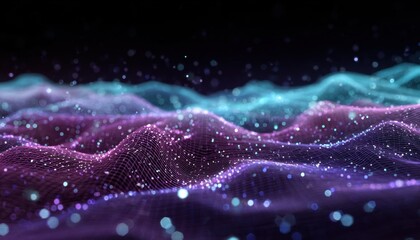 Abstract visualization of colorful waves with glowing particles in a dark background, creating a serene atmosphere