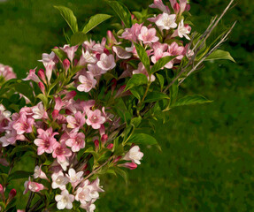 A sprig of blooming Weigela flowers and green leaves.