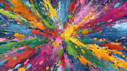 Vibrant abstract explosion of color with dynamic splashes and strokes creating a lively atmosphere