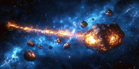 Exploding meteor fragments glowing brightly as they travel through deep blue space with stars scattered in the background