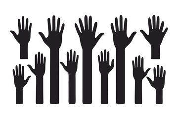 Obraz premium A collection of reaching human hands are depicted in black silhouette on a white background