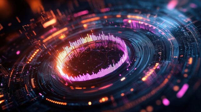 Futuristic circular digital interface with glowing data bars and swirling neon lights in vibrant purple, orange, and blue tones displaying advanced technology visualization