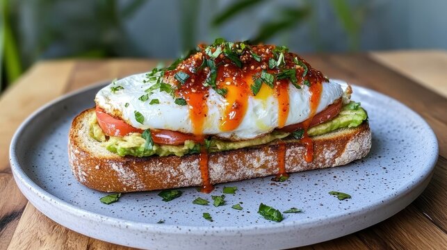 A delicious serving of avocado toast topped with a perfectly fried egg, vibrant tomatoes, fresh herbs, and a drizzle of spicy sauce, presented on a rustic plate.