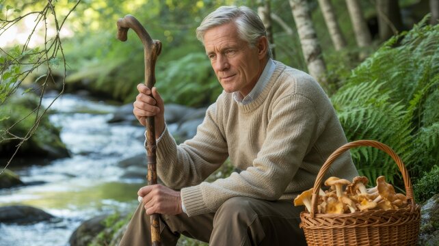 Elderly caucasian male with mushrooms sitting by river in forest