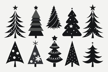 Diverse monochromatic Christmas trees showcase unique silhouettes adorned with stars and playful embellishments in form