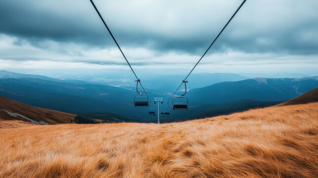 A breathtaking view of a chairlift stretching over open grasslands toward distant mountains, inviting thoughts of adventure and the serene beauty of nature.