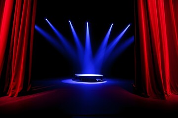 Dramatic Stage Setting: Blue Spotlights, Red Curtains, Empty Podium