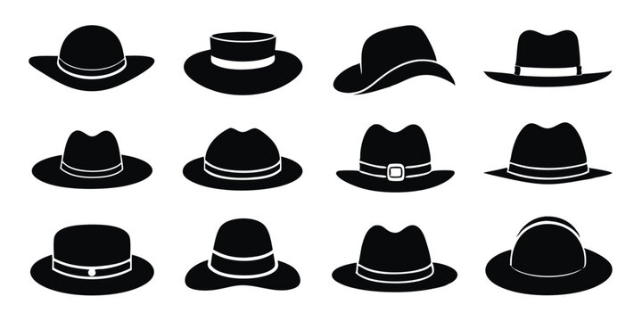 Collection of twelve unique black silhouettes showcasing different stylish hat designs on a transparent background