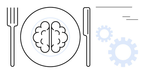 Brain placed on plate beside fork and knife, accompanied by minimal lines and gear symbols. Ideal for mental health, nutrition, education, creativity, innovation, mindfulness, productivity concepts