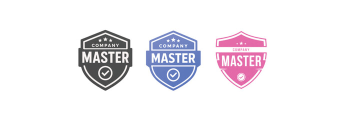Company Master Badge Set Gray, Blue, and Pink Shield Logos with Checkmark and Stars