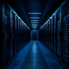 Fototapeta premium Modern data center with server racks and advanced liquid cooling, illuminated in blue, featuring large solar panels in the background for sustainable power. 