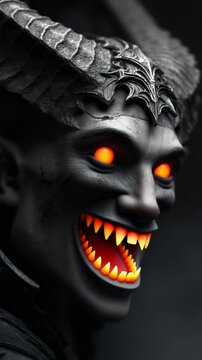 Dark fantasy character with intricate horned helmet showcasing intense expression in shadowy setting