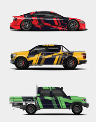 Naklejka premium Three Customized Trucks and a Car with Unique Color Schemes and Designs