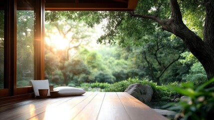 A serene outdoor space featuring a beautiful wooden deck and lush greenery, perfect for relaxation and reflections amidst nature's calming presence.