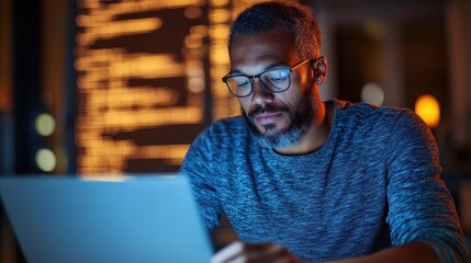 A man deeply concentrated while working on a laptop at night, surrounded by a warm glow from the screen, illustrating dedication, focus, and productivity in a modern setting.