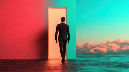 Obraz premium A figure stands before a vibrant doorway leading to a dreamlike landscape, symbolizing choice, opportunity, and the unknown possibilities of the future.