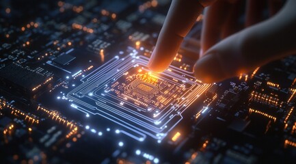 Close-up of hand touching illuminated futuristic microchip or circuit board with glowing orange and blue lights showing advanced technology connection